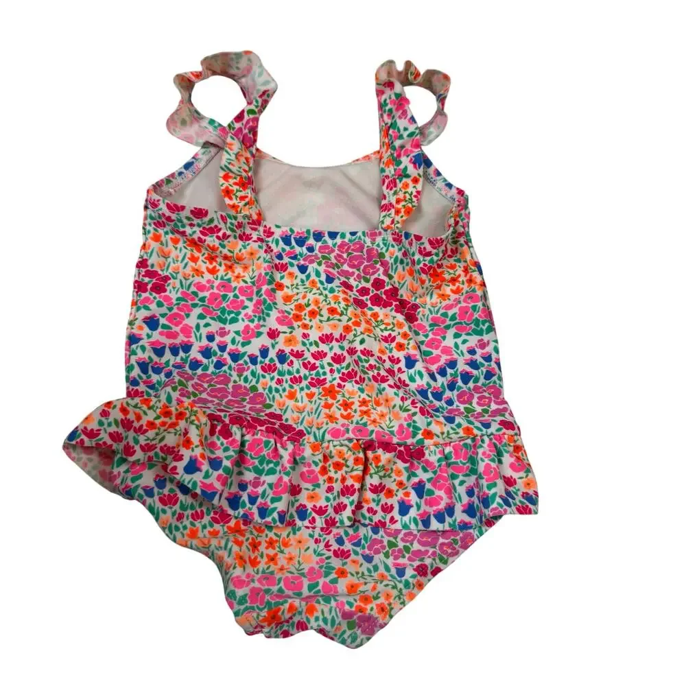 OshKosh Floral Neon Swimsuit Peplum Ruffle Baby Girl 9-12 Months One Piece